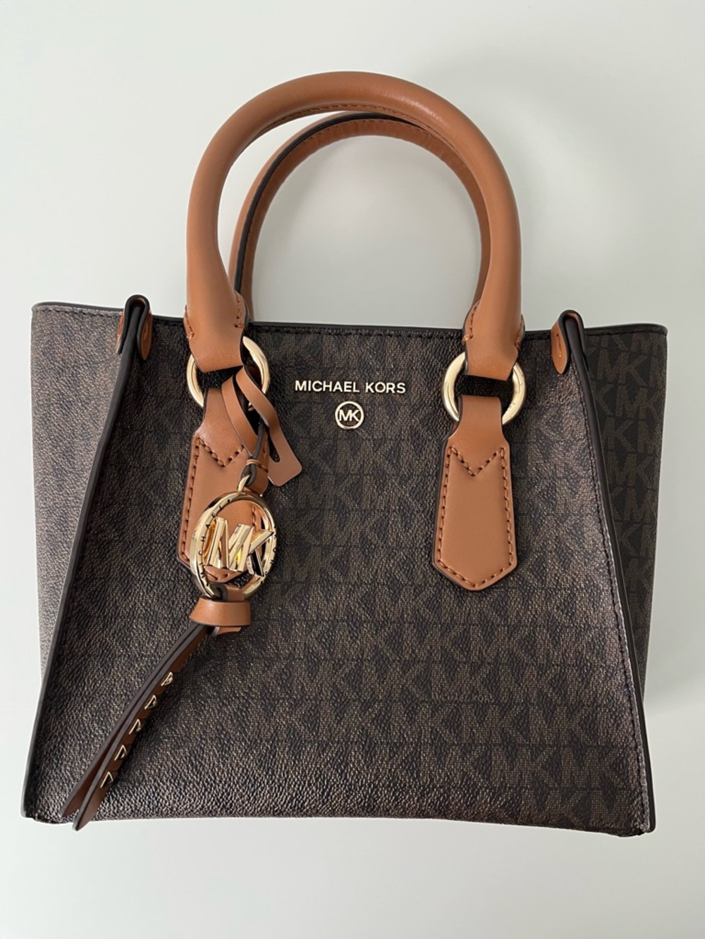 Michael Kors Brown MK Logo Satchel with Tan Trim